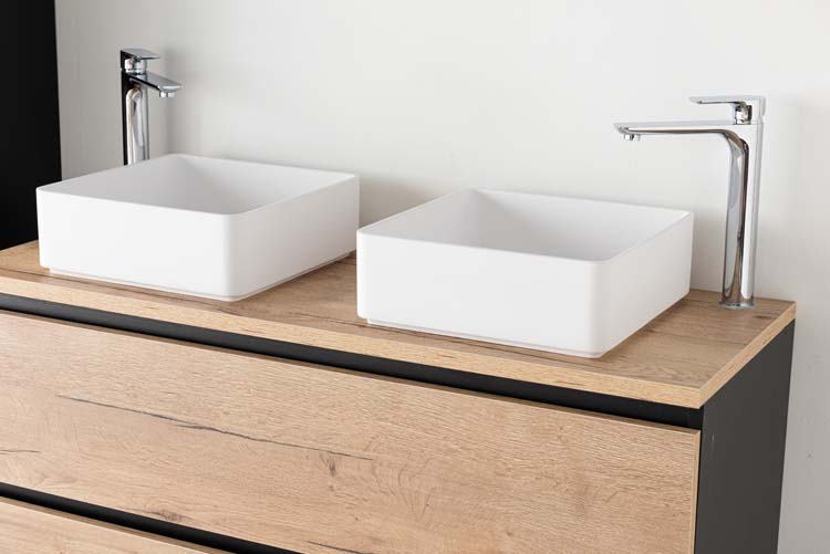 Badkamermeubel Dotan zwart/eik 1200 mm opbouwtablet melamine Badkamermeubel Dotan zwart/eik 1200 mm opbouwtablet melamine