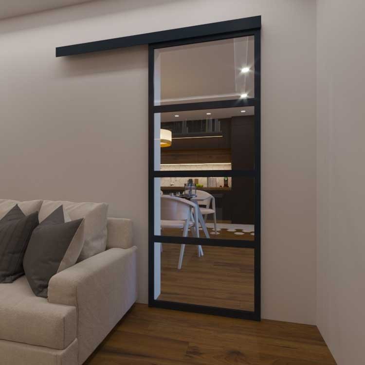 Porte coulissante simple complète noir 4R 83x204cm + rail noir