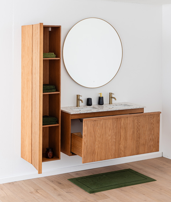 Badkamermeubel Fae eik hangend met dubbele wastafel terrazzo 120cm