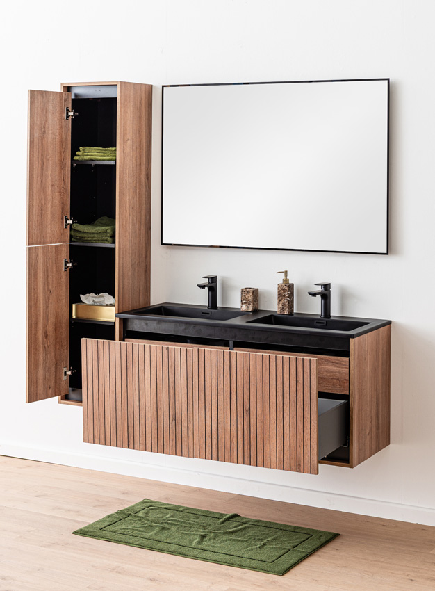 Badkamermeubel Toledo eik/zwart met dubbele wastafel mat zwart 120cm