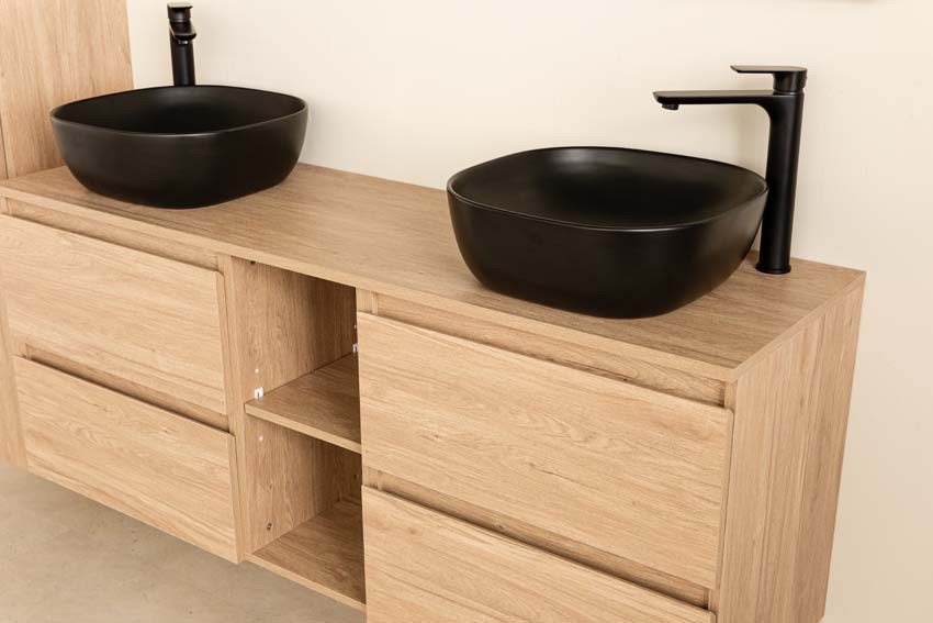 Meuble de salle de bains Bella chêne suspendu avec double vasque à poser noir mat 150cm