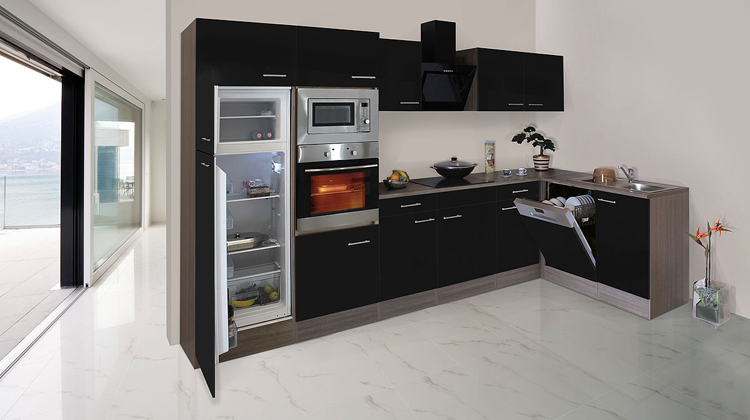 Cuisine d'angle noir/chêne foncé 340x172cm - plaque de cuisson vitrocéramique et hotte murale noire - avec appareils