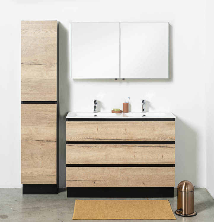 Meuble de salle de bains Dotan chêne sur pied avec lavabo double en porcelaine blanc brillant 120cm