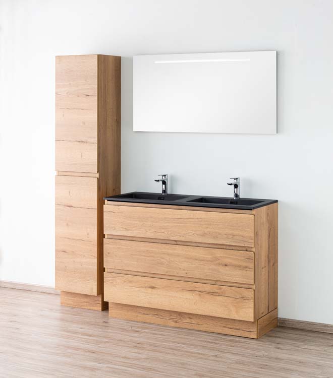Meuble de salle de bains Daria chêne brun doré sur pied avec lavabo double noir mat 120cm