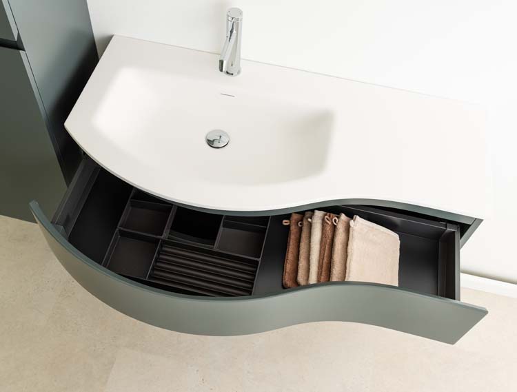 Meuble de salle de bains Aaron gris courbé avec lavabo simple blanc mat 110cm