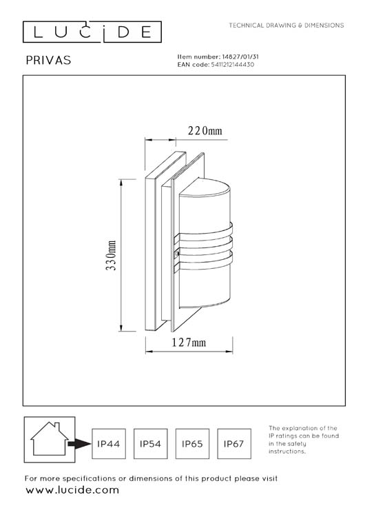 Lucide PRIVAS - Applique murale Extérieur - 1xE27 - IP44 - Blanc