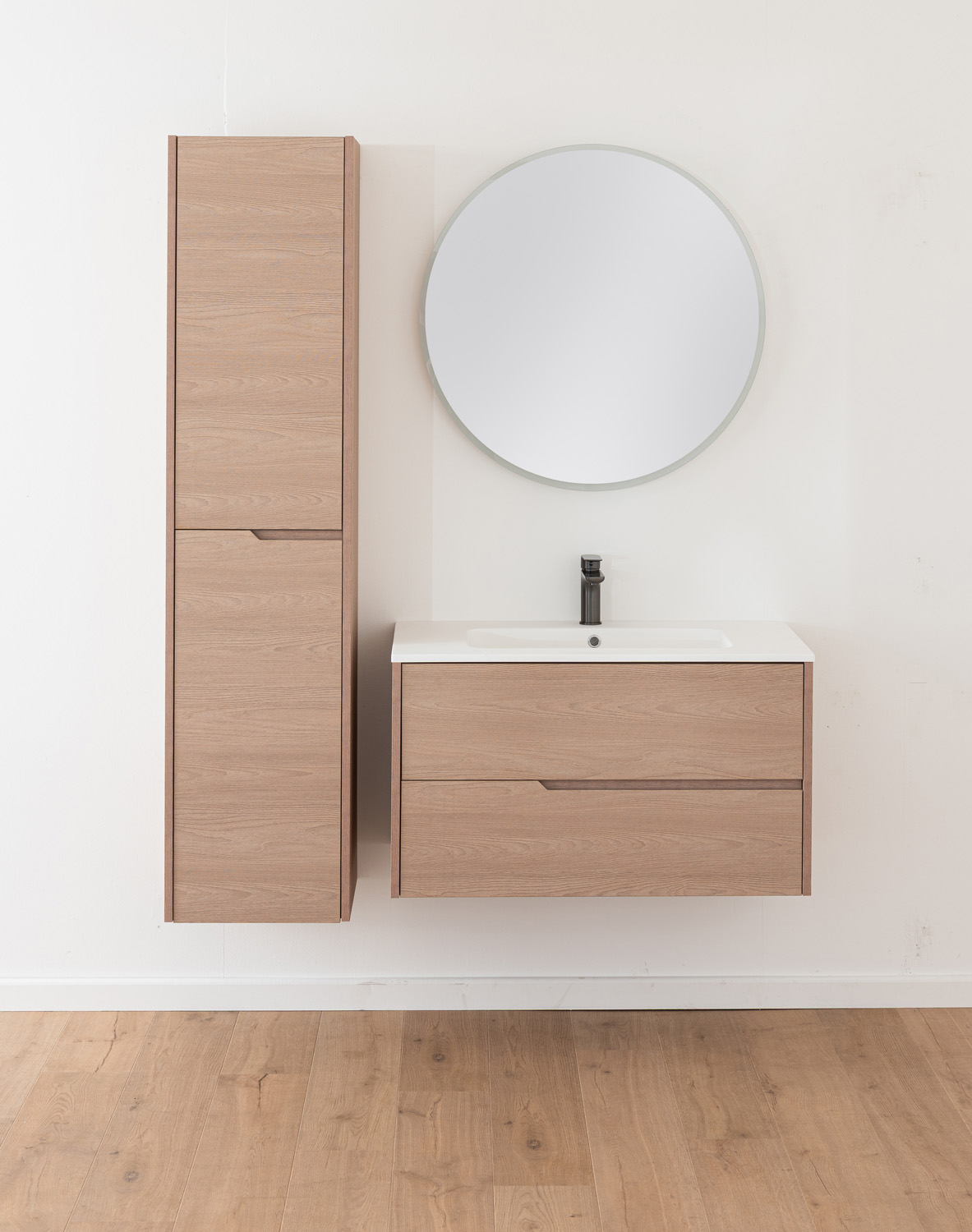 Meuble de salle de bains Tiago chêne Nordic suspendu avec vasque simple blanc brillant 90cm