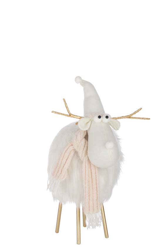 Beeld rendier hoed + sjaal polyester wit/beige 36x34x61cm