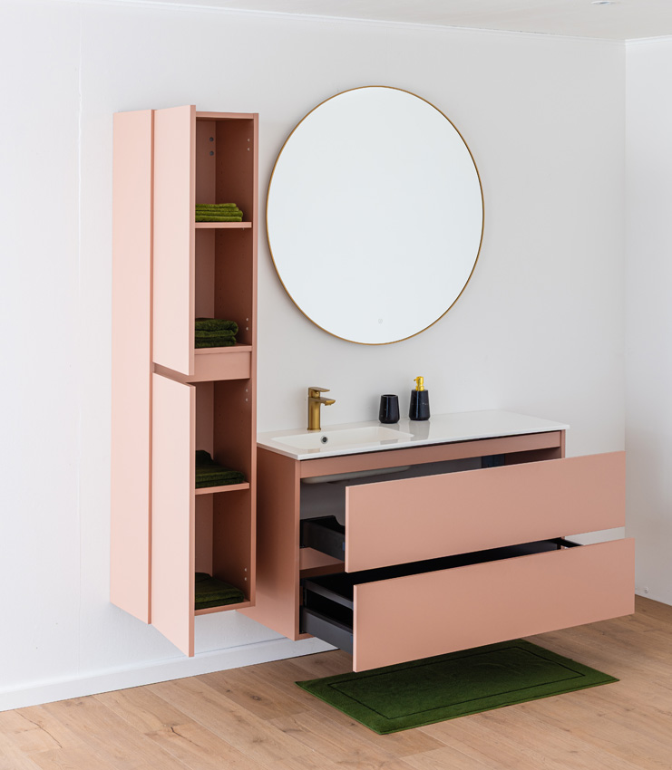 Meuble de salle de bains Dotan abricot suspendu avec lavabo simple gauche blanc brillant 120cm