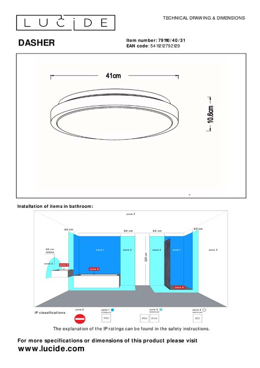 Lucide DASHER - Plafonnière Badkamer - Ø41cm - 24W 2700K - IP44 - Wit