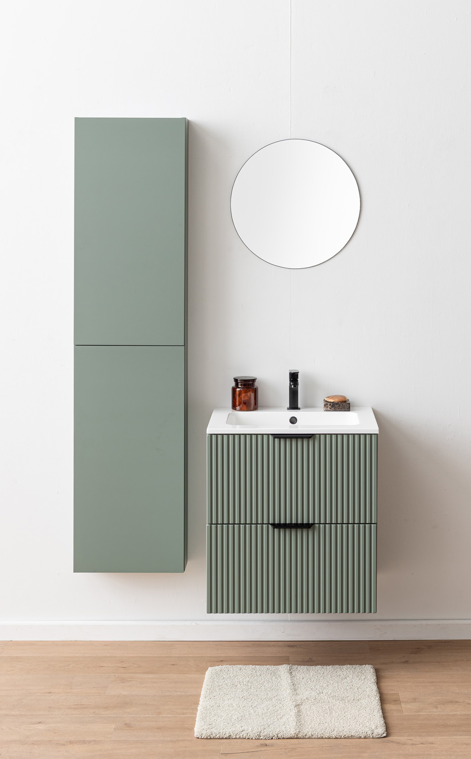 Badkamermeubel Raven saliegroen hangend met wastafel Aveda wit glanzend 60cm