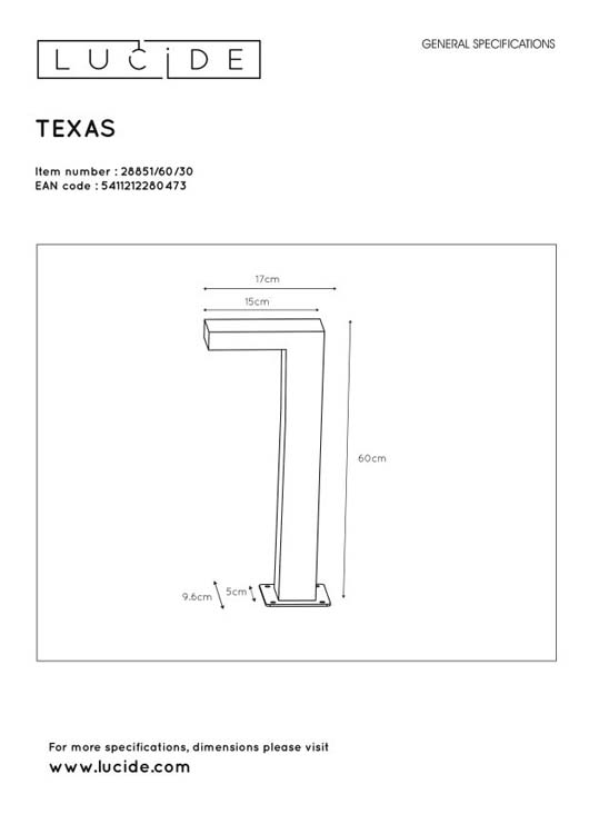 Lucide TEXAS - Borne extérieur Extérieur - 6W 3000K - Anthracite Lucide TEXAS - Borne extérieur Extérieur - 6W 3000K - Anthracite