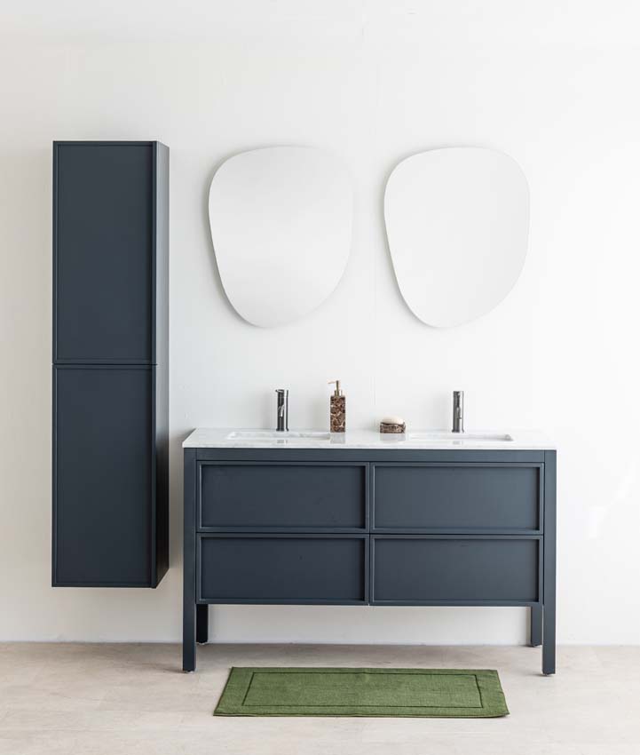 Meuble de salle de bains Fara anthracite sur pied avec lavabo double effet marbre carrara 140cm