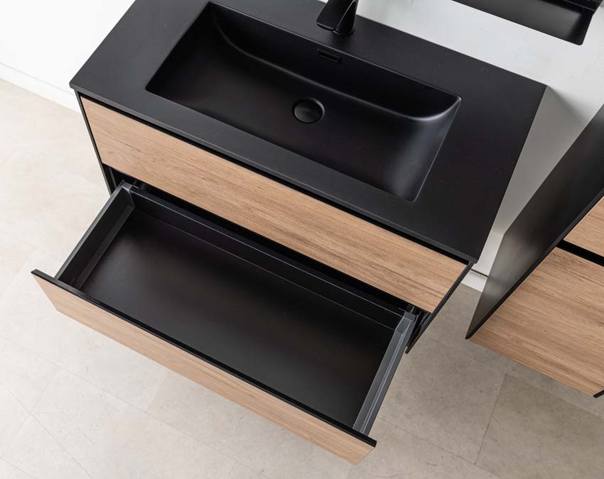 Meuble de salle de bain Molly aspect bois suspendu avec lavabo simple noir mat 90cm Meuble de salle de bain Molly aspect bois suspendu avec lavabo simple noir mat 90cm