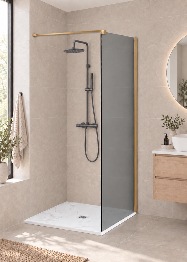 Paroi de douche à l'italienne Anais verre gris avec kit de profilés doré 107x200cm