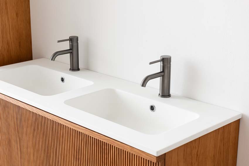 Meuble de salle de bain Fae chêne suspendu avec double lavabo blanc mat 120cm