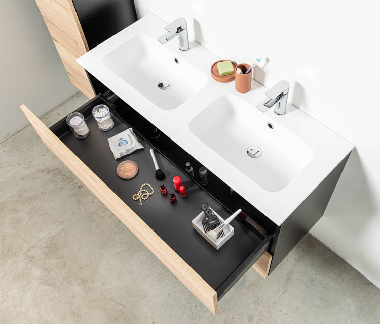 Badkamermeubel Dotan zwart/eik 1200 mm 2 wastafels porselein glans
