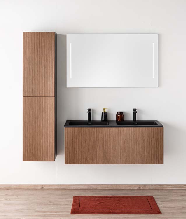 Meuble de salle de bains Dorian noyer suspendu avec lavabo double noir mat 120cm