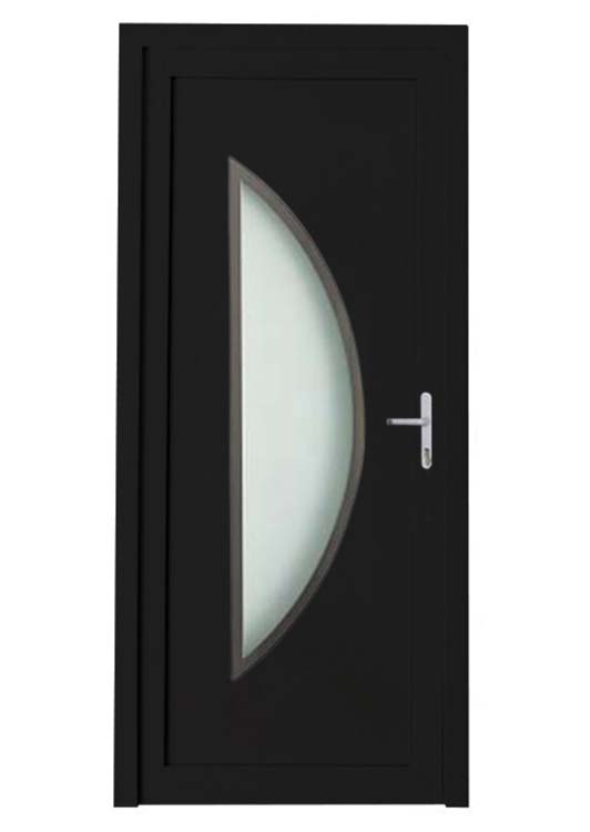 Porte extérieure demi-lune bordure inox PVC verre mat noir 980x2180mm ouvrant à droite