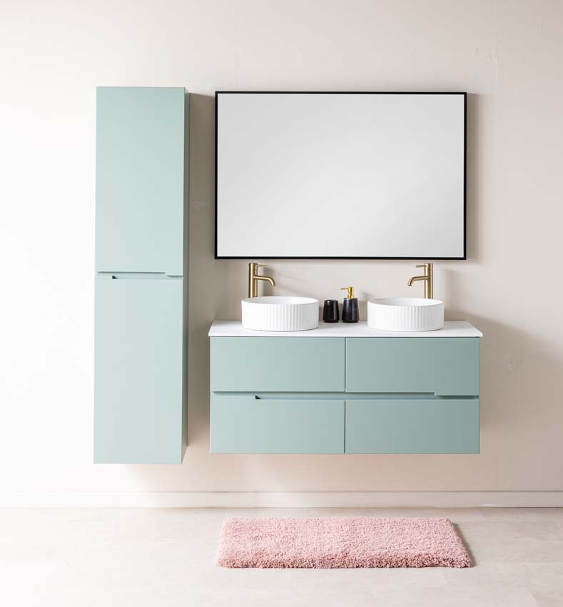 Meuble de salle de bains Truman vert gris suspendu avec double vasque à poser blanc mat 120cm Meuble de salle de bains Truman vert gris suspendu avec double vasque à poser blanc mat 120cm