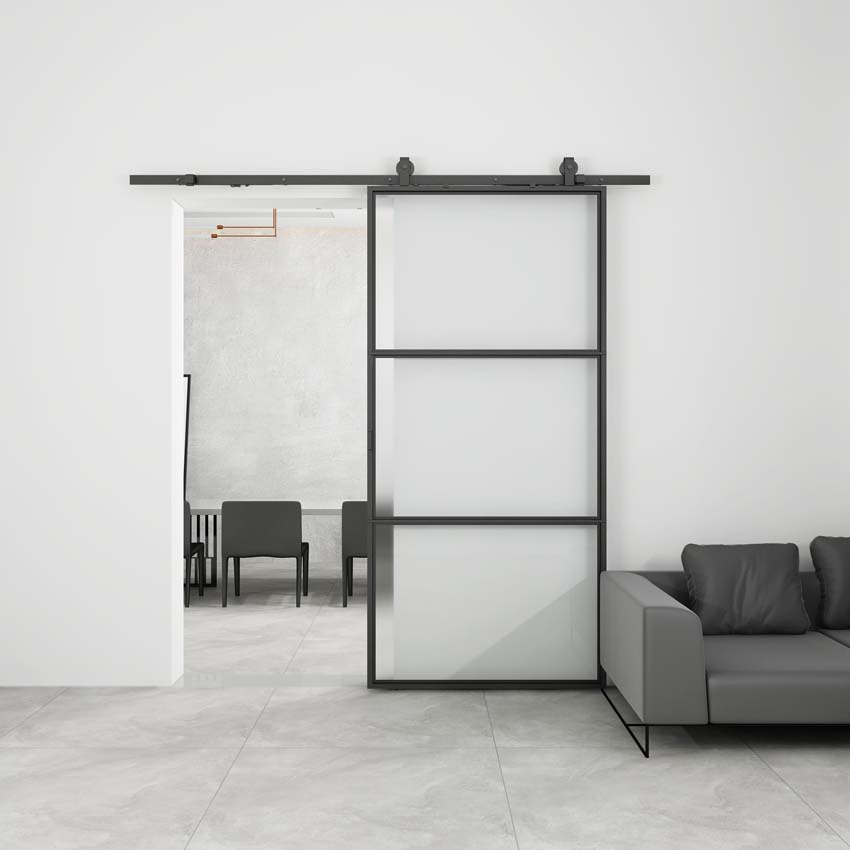 Porte coulissante simple en acier complète Tyra verre mat 3R 93x213,4cm noir + rail noir