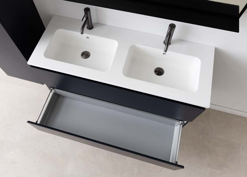 Meuble de salle de bains Tibo gris suspendu avec lavabo double blanc mat 120cm