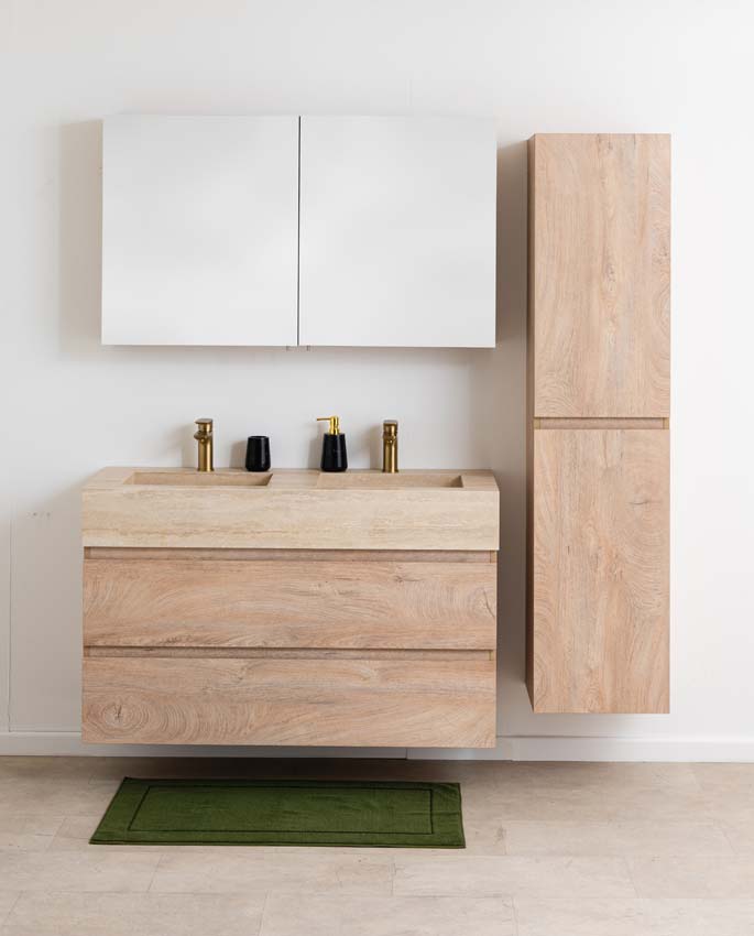 Meuble de salle de bain Tibo chêne avec double lavabo large en travertin 120cm