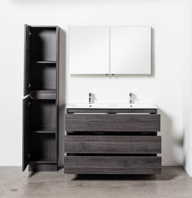 Meuble de salle de bain Dotan chêne foncé 1200 mm sur pied 2 lavabo brillant