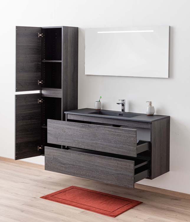 Meuble de salle de bains Dotan chêne foncé suspendu avec lavabo simple noir mat 120cm