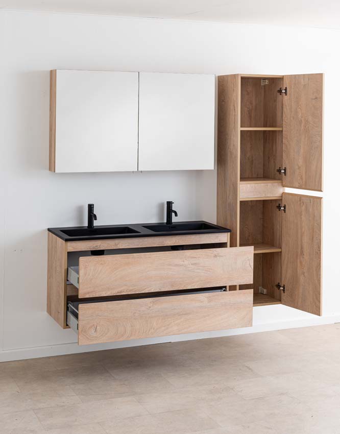 Meuble de salle de bain Tibo en chêne méditerranéen avec double lavabo noir mat 120cm