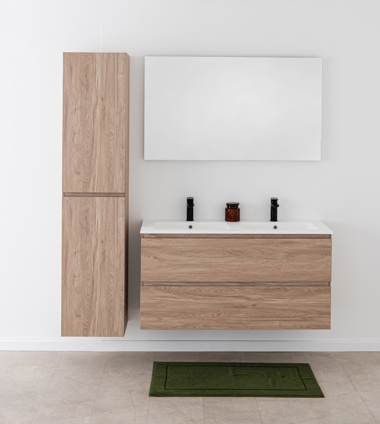 Badkamermeubel Bianca eiklook hangend met dubbele wastafel mat wit 120,5cm