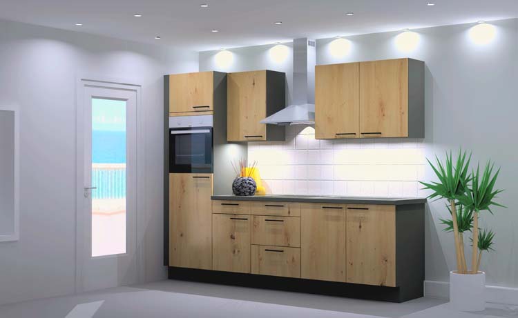 Keuken Premium 3B houtlook 270cm - voorgemonteerd - met toestellen - vitrokeramische kookplaat en inox wanddampkap