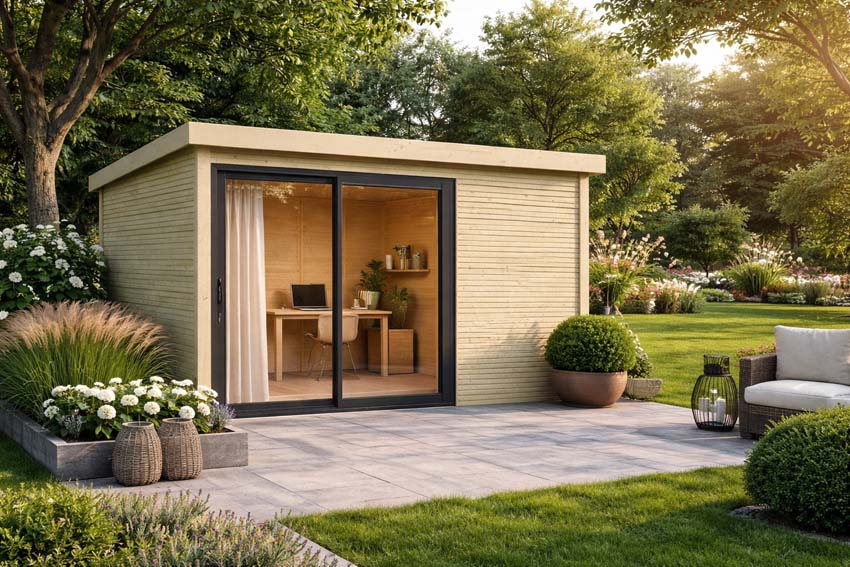 Studio de jardin Harper M bois de pin naturel 403x304x227cm porte coulissante