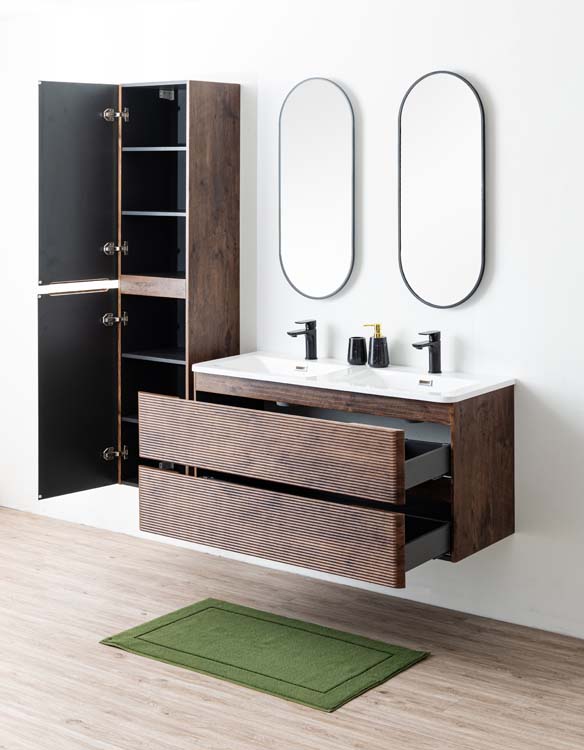 Meuble de salle de bains Jelte noyer suspendu avec lavabo double en marbre minéral blanc brillant 120cm