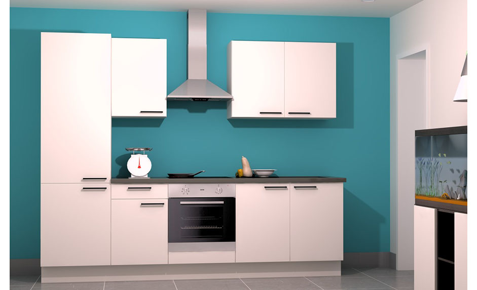 Keuken Premium 3A wit 270cm - voorgemonteerd - met toestellen - vitrokeramische kookplaat en inox wanddampkap