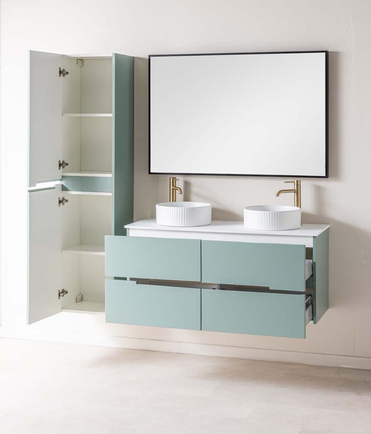 Meuble de salle de bains Truman vert gris suspendu avec double vasque à poser blanc mat 120cm Meuble de salle de bains Truman vert gris suspendu avec double vasque à poser blanc mat 120cm