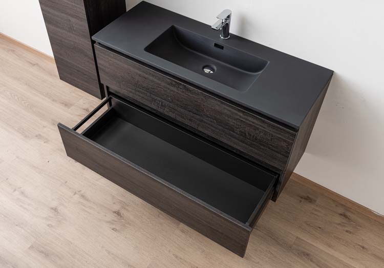 Meuble de salle de bains Dotan chêne foncé suspendu avec lavabo simple noir mat 120cm