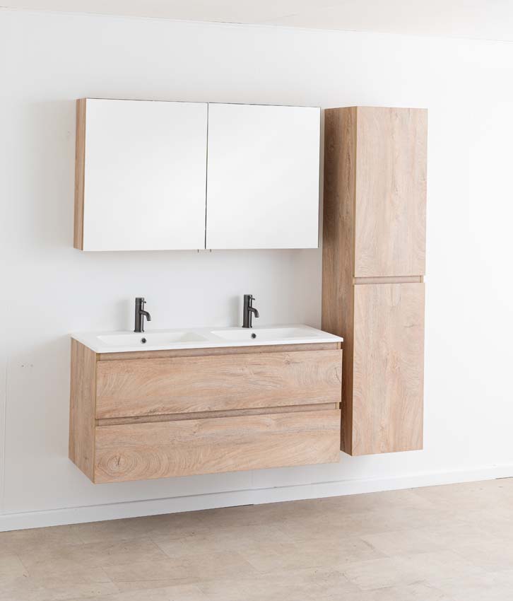 Meuble de salle de bain Tibo en chêne méditerranéen avec double lavabo blanc mat 120cm