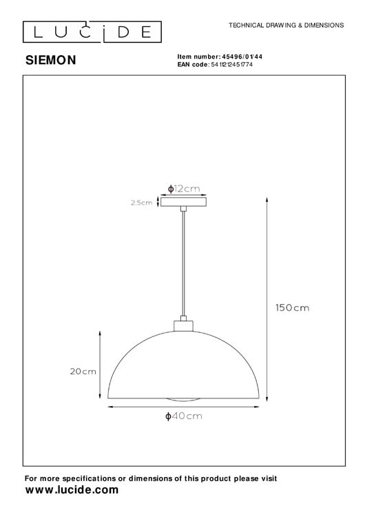 Lucide SIEMON - Suspension - Ø 40 cm - 1xE27 - Jaune Ocre