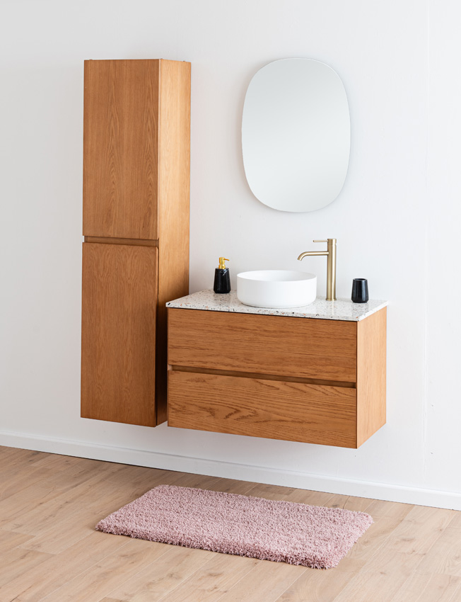 Badkamermeubel Fior eik hangend met enkel topblad terrazzo 90cm