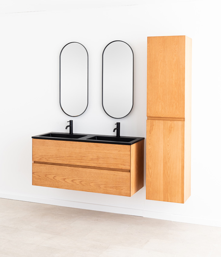 Badkamermeubel Fior eik hangend met dubbele wastafel mat zwart 120cm