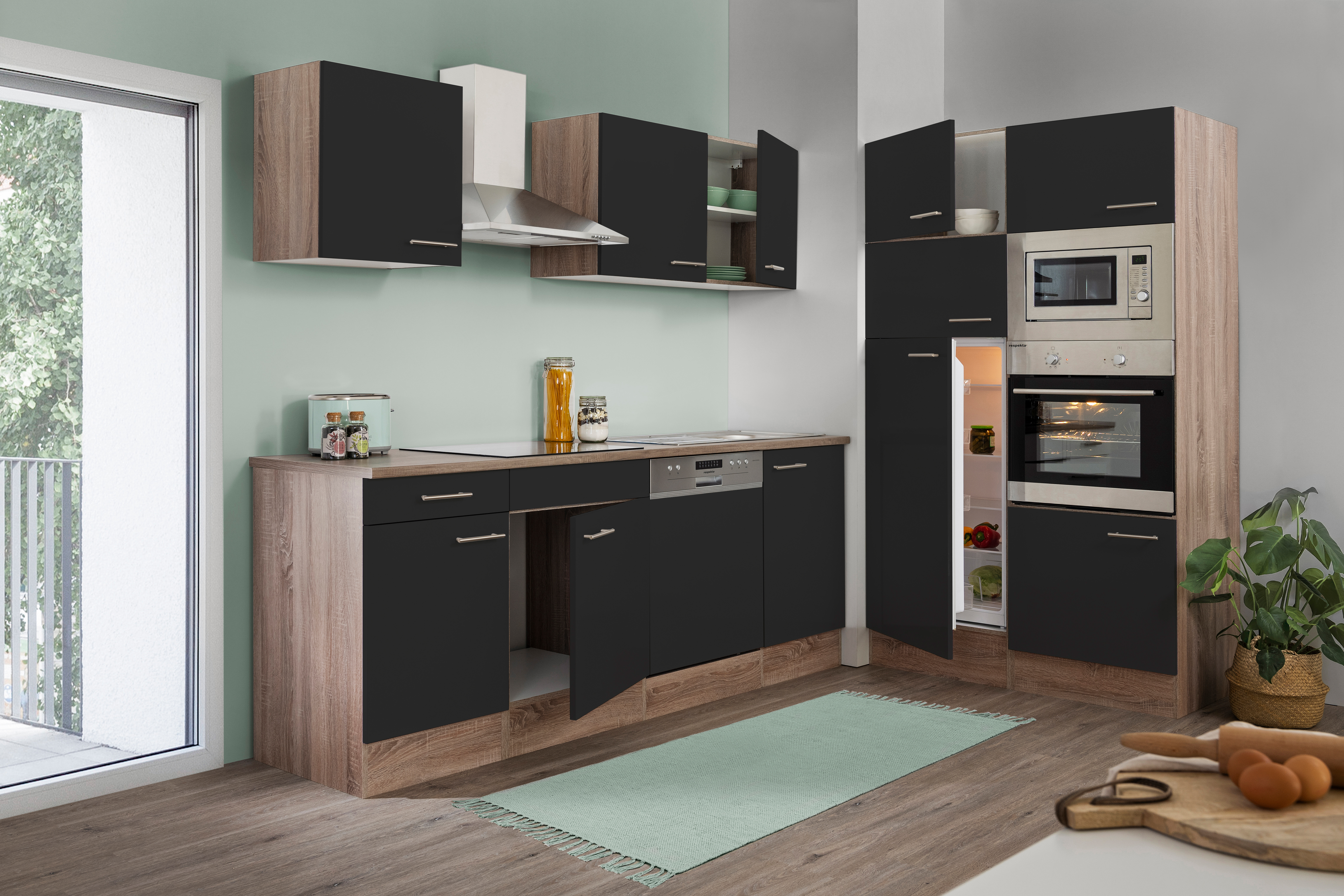 Cuisine 340cm - noir/chêne foncé - plaque de cuisson vitrocéramique