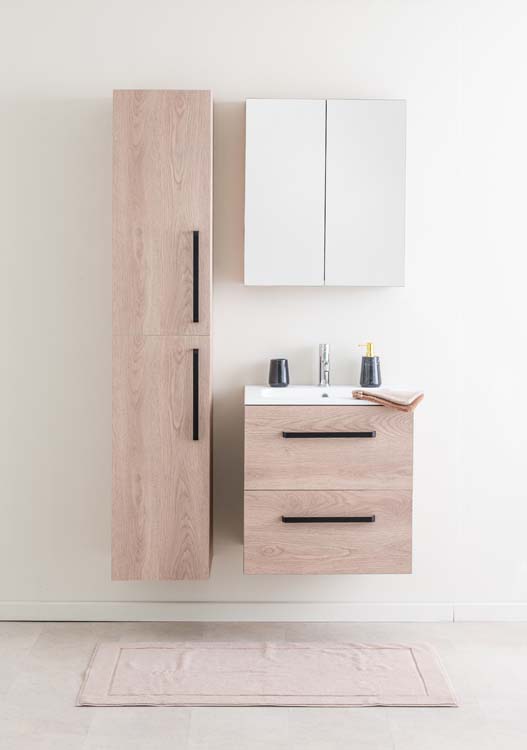 Badkamermeubel Bison eik hangend met enkele wastafel mat wit 60cm