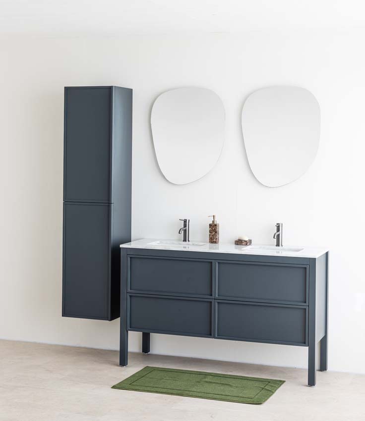 Meuble de salle de bains Fara anthracite sur pied avec lavabo double effet marbre carrara 140cm