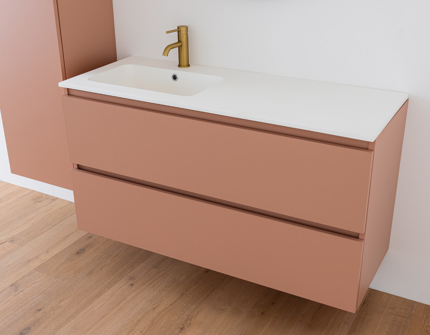 Meuble de salle de bains Dotan abricot suspendu avec lavabo simple gauche blanc mat 120cm