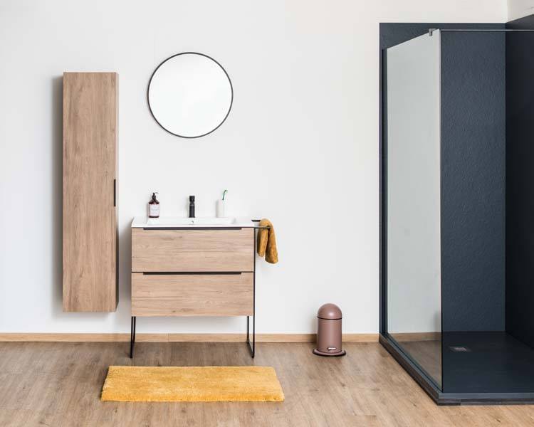 Badkamermeubel Mist houtlook staand met enkele wastafel glanzend wit 80cm
