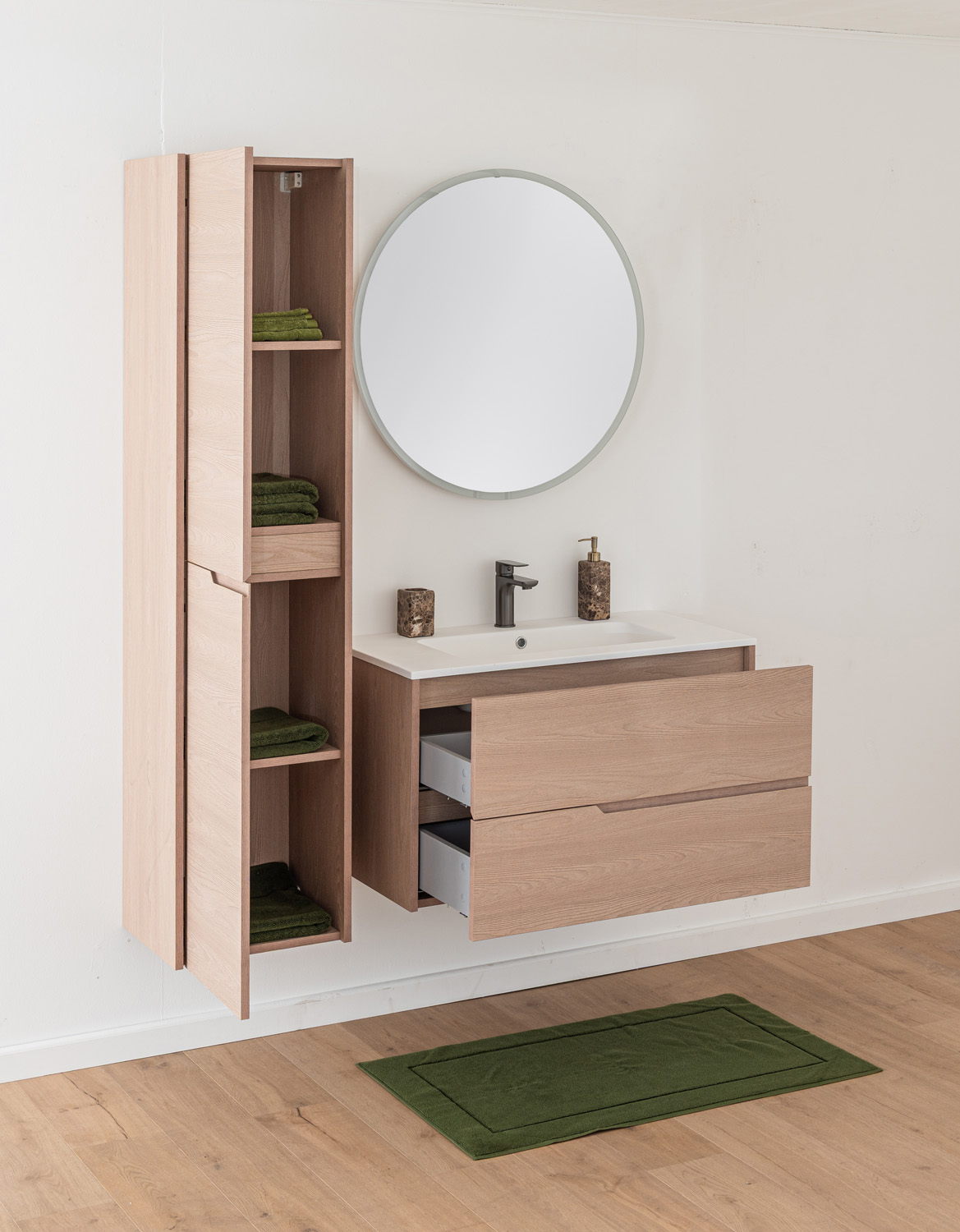Meuble de salle de bains Tiago chêne Nordic suspendu avec vasque simple blanc brillant 90cm