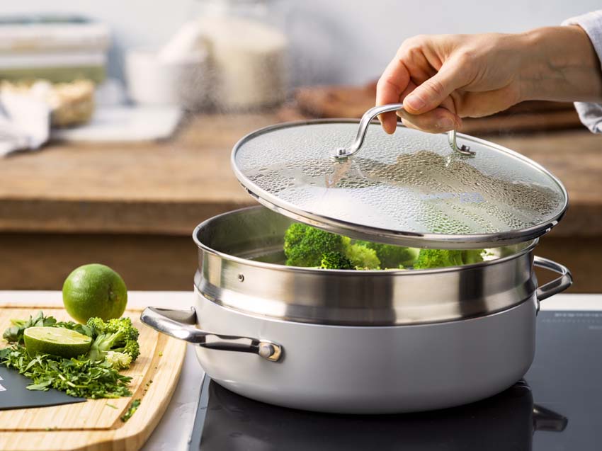 Stoofpan met deksel Dagelijkse Kost Proline PFAS-vrij zilver Ø26cm stoominzet