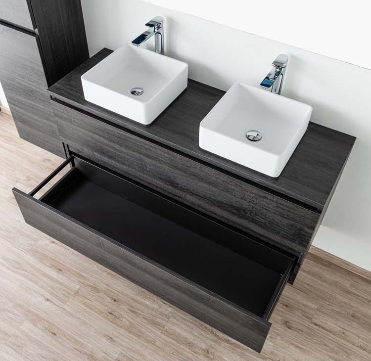 Meuble de salle de bains Dotan chêne foncé suspendu avec plateau en mélamine 140cm