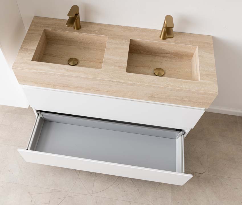 Meuble de salle de bain Tibo blanc avec double lavabo large en travertin 120cm